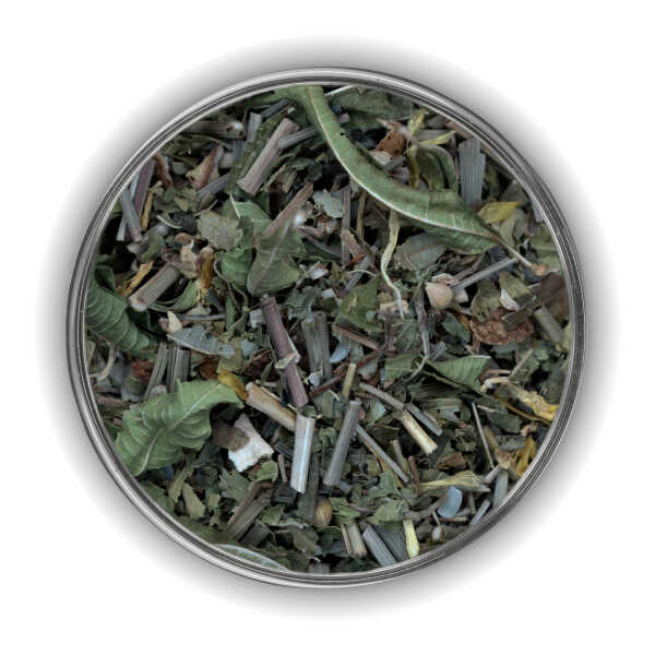 Kräuterteemischung mit grünen und gelblichen Bestandteilen