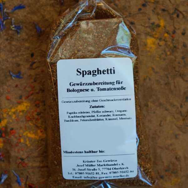 Spaghetti-Gewürzzubereitung mit rötlichen und grünen Bestandteilen