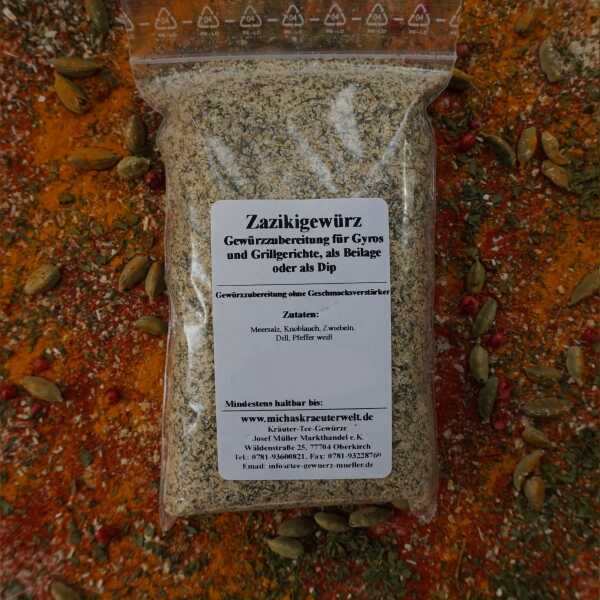 Zaziki-Gewürzzubereitung mit heller Farbe und grünen Dillstückchen