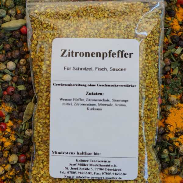 Zitronenpfeffer-Gewürzzubereitung mit kleinen, gelben und gelb-grünlichen Körnchen
