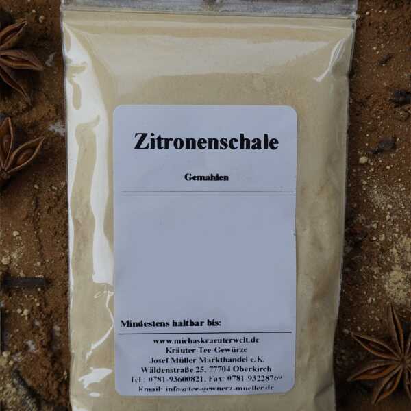 Gemahlene Zitronenschale als feines, gelbliches Pulver